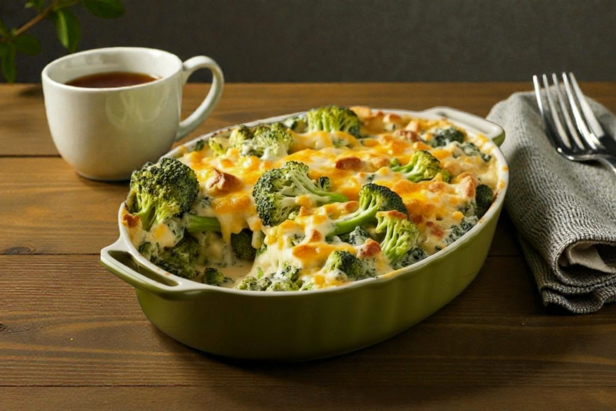 Запеканка с брокколи, яйцом, сыром и курицей